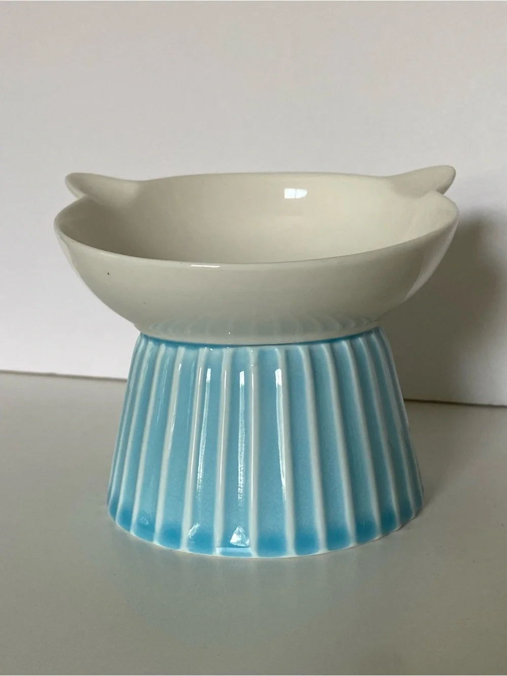 Raised Cat Food Bowl Pedestal Face Ears White Aqua Porcelain Water Dish Ceramic